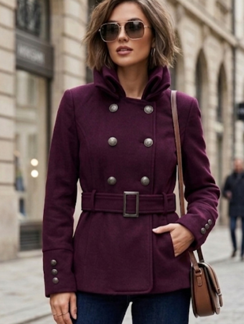 Black Rivet Burgundy Wool Blend Double Breasted Belted Peacoat XS